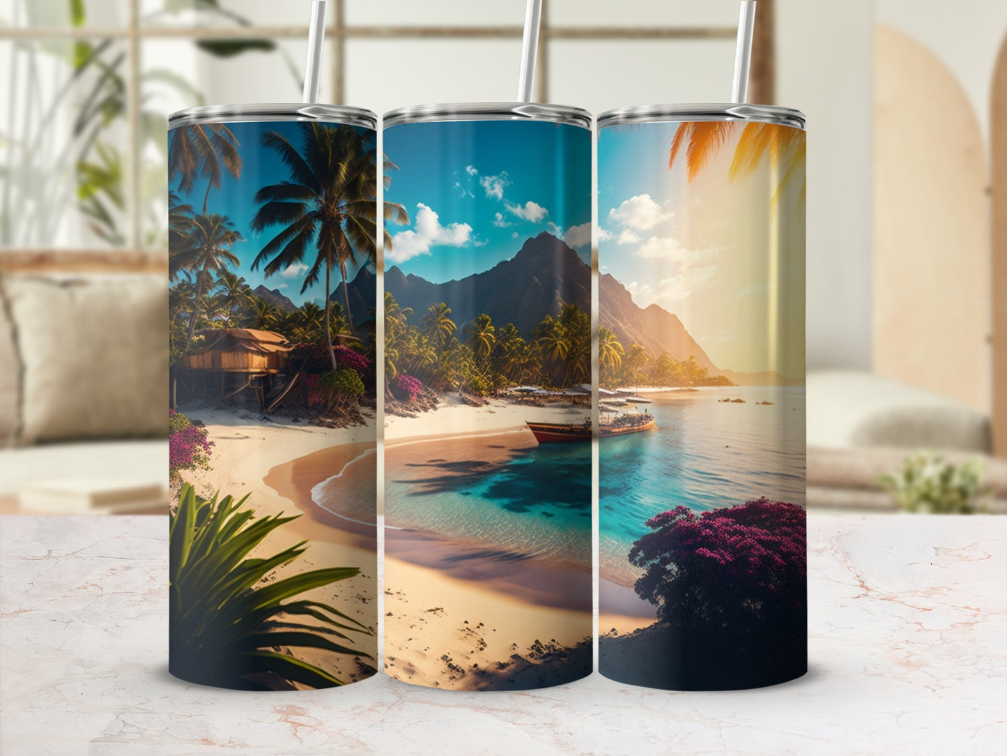 Tropical Beach Paradise Scenic Tumbler with Straw
