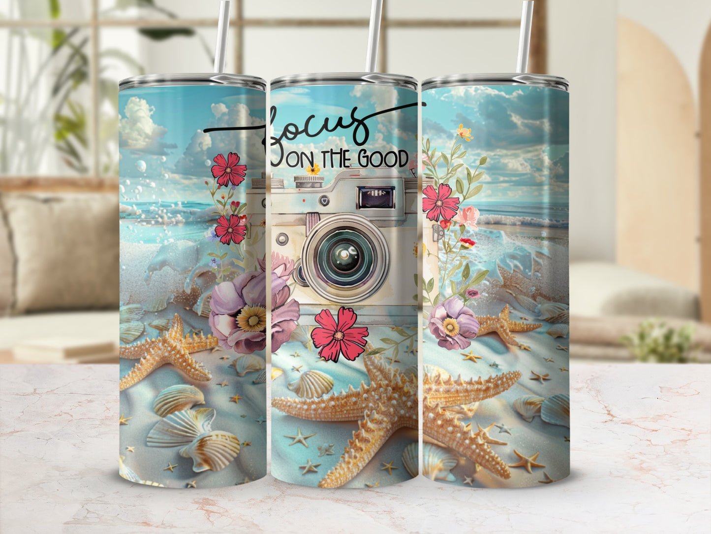 Focus on the Good Camera and Beach Theme Tumbler