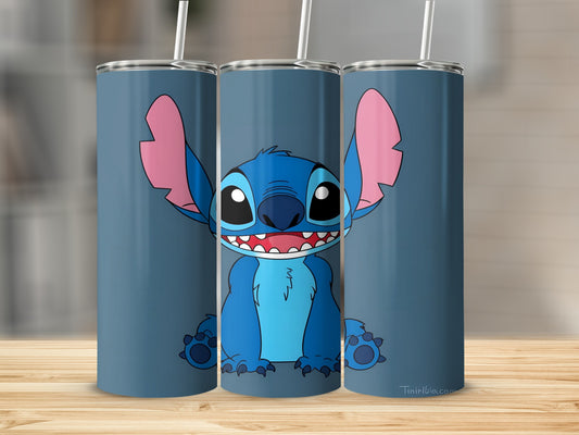 Triptych of blue Stitch character on blue tumblers with straws.