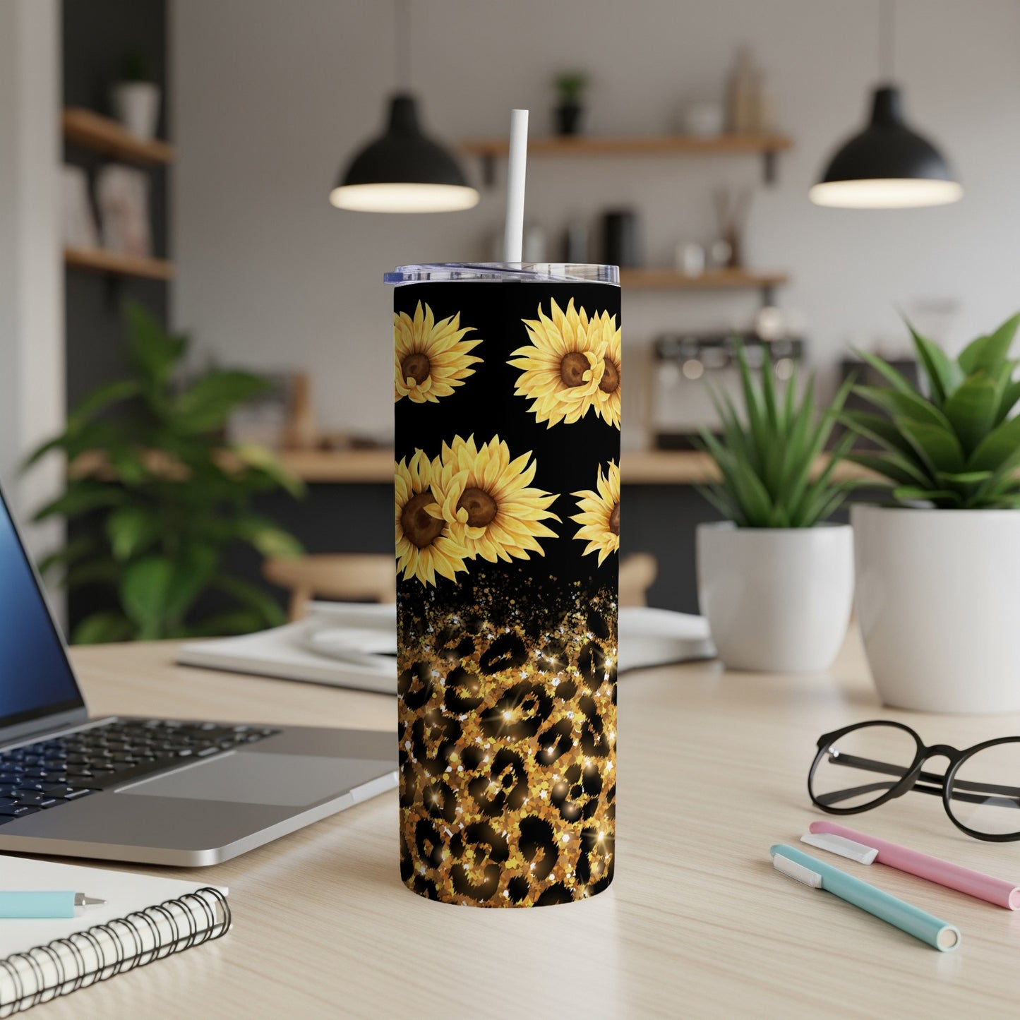 Tall tumbler with sunflowers and leopard print pattern.
