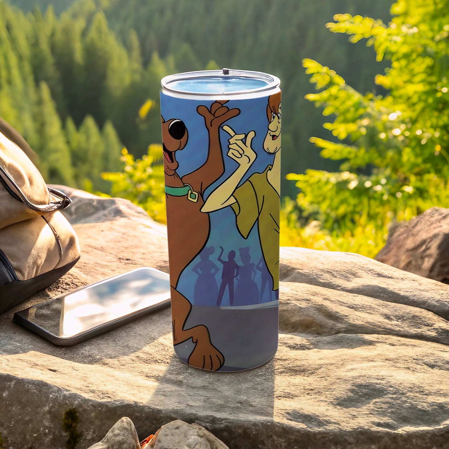 Scooby-Doo and Shaggy on a tumbler, with a shadowy background.