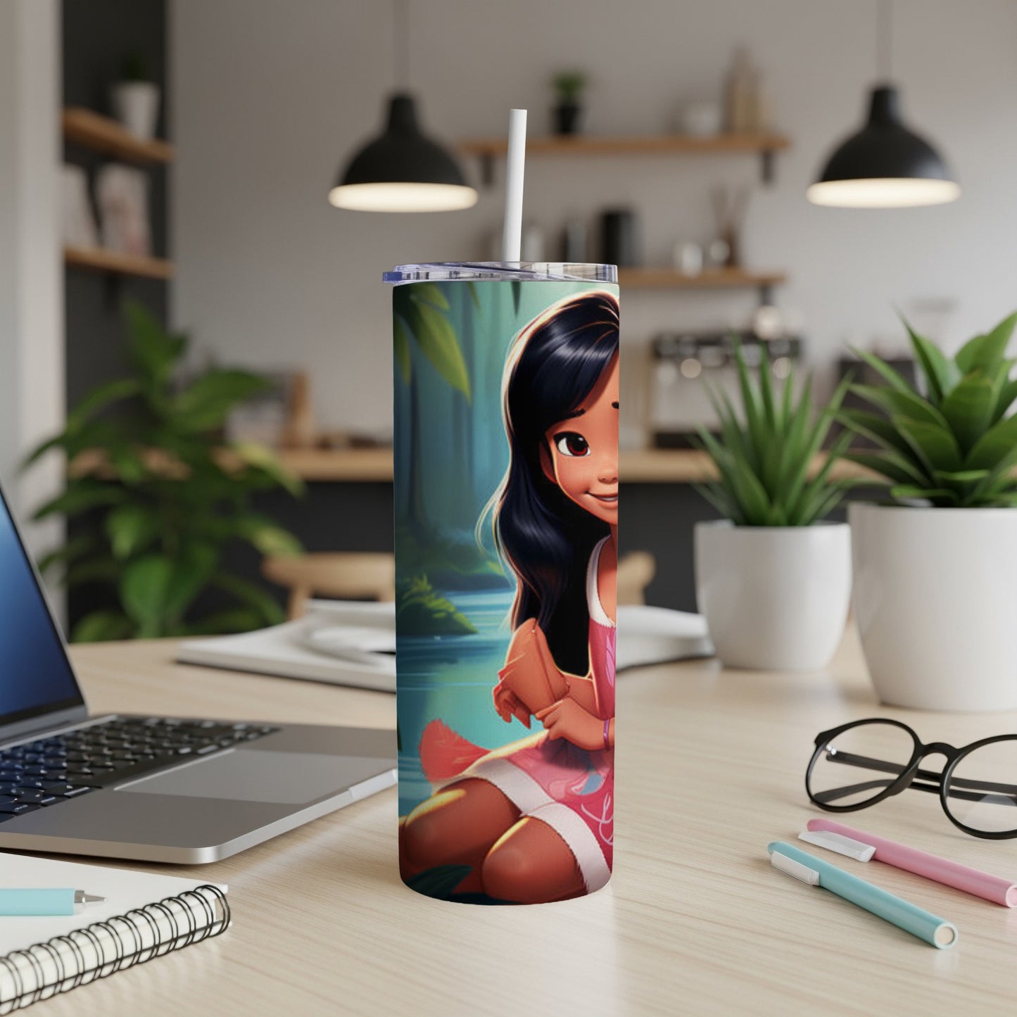 Cartoon girl in pink dress on tumbler with tropical background.