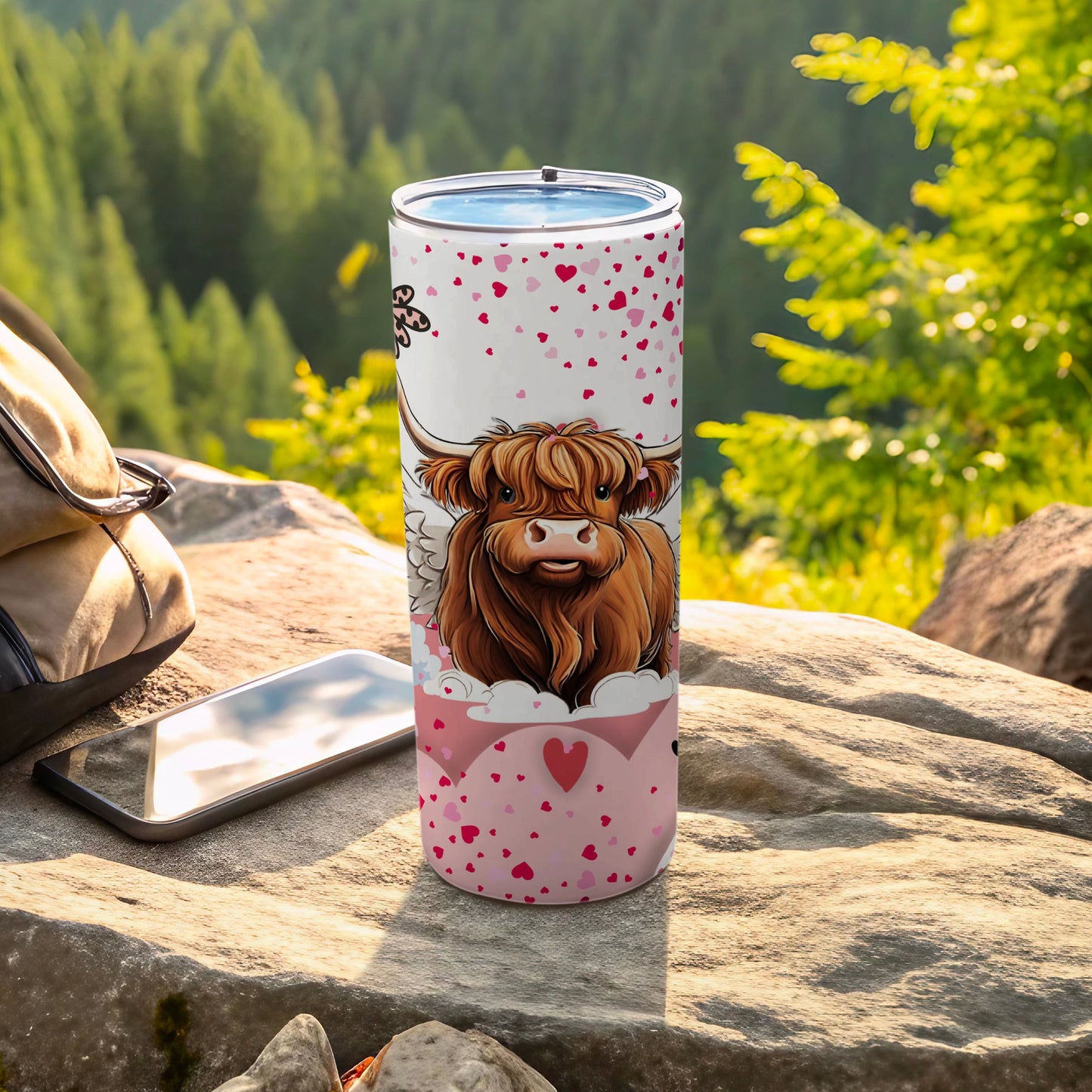 Cute Highland Cow with Hearts Tumbler Travel Mug