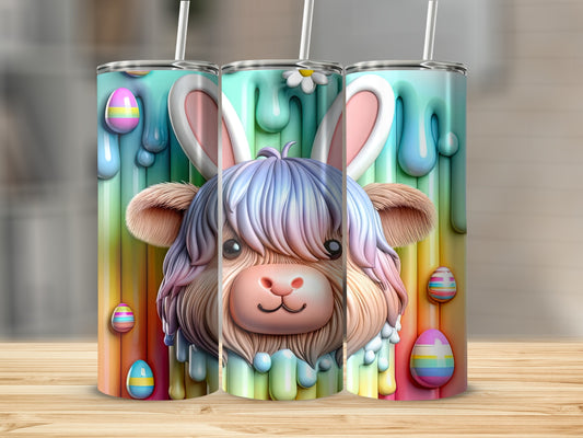 Fluffy Highland cow with bunny ears and Easter eggs on a colorful dripping background.