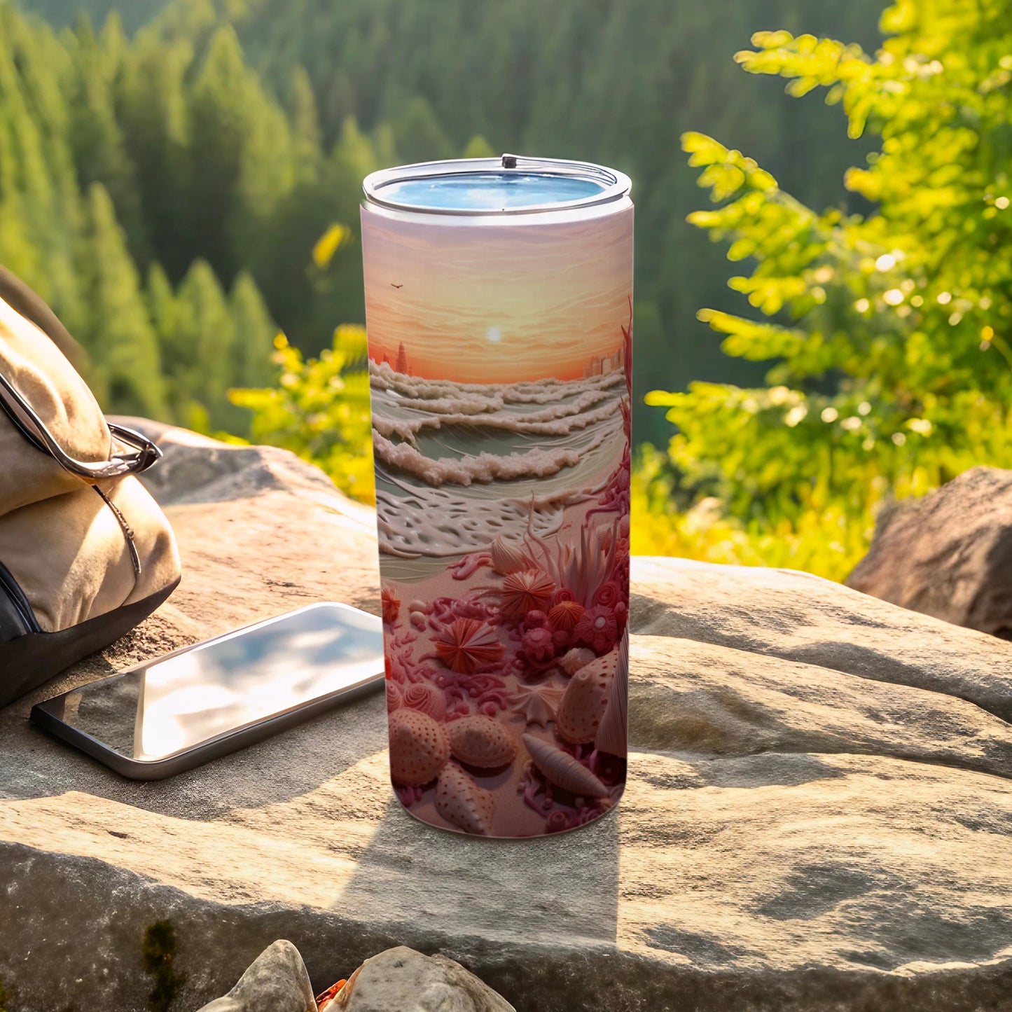 Tumbler with a beach scene featuring waves, coral, and shells.
