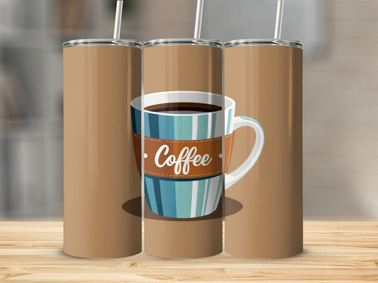Brown tumbler with a mug of coffee featuring blue and white stripes.