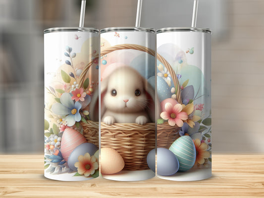 Bunny in basket with Easter eggs and flowers.