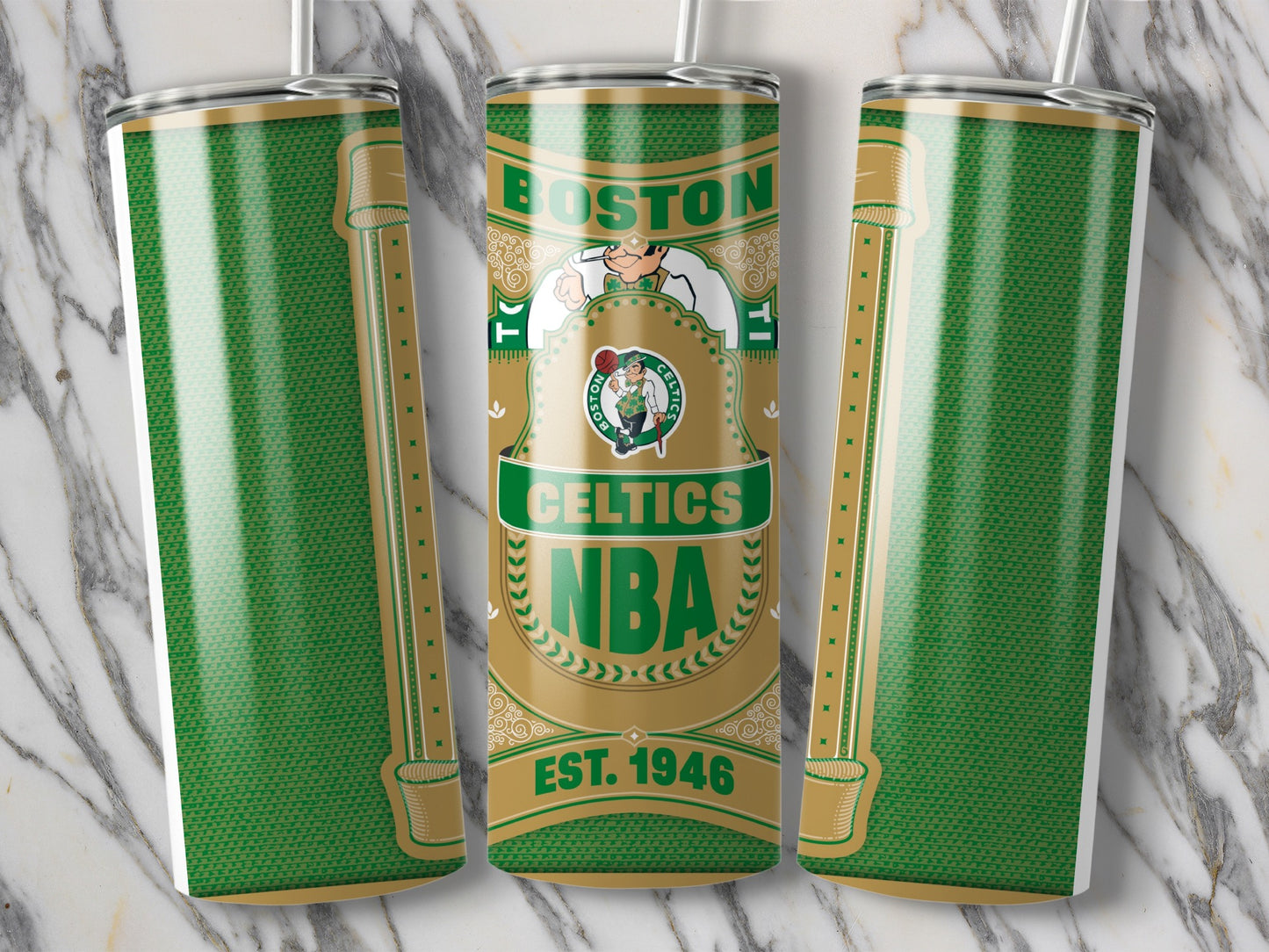 Boston Celtics NBA Est 1946 Design Patterned Green Tumbler
