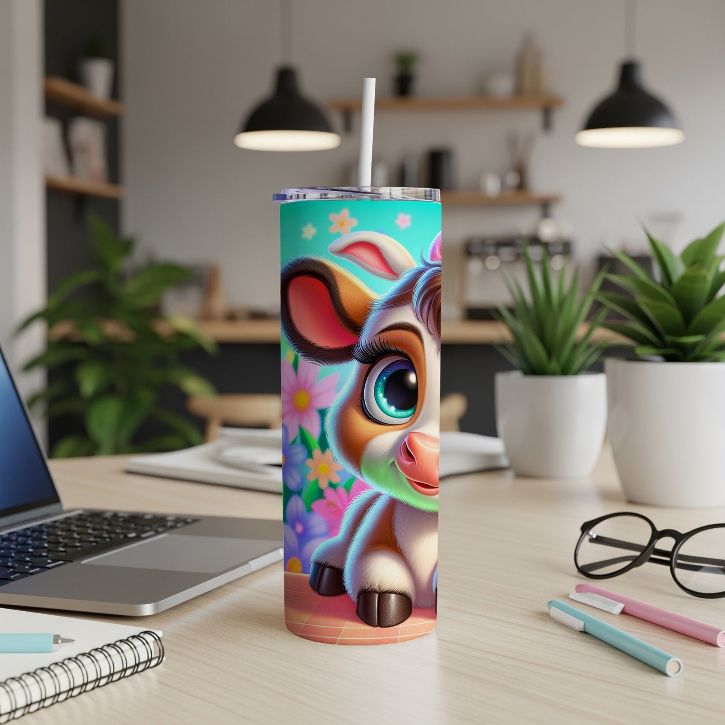 Cartoon cow with flowers on a teal background, on a tumbler.