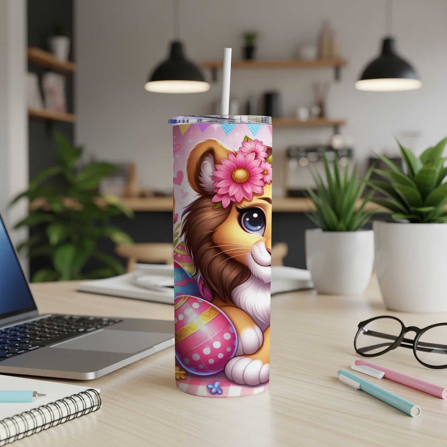 Lion cub with Easter eggs and flowers on a skinny tumbler.