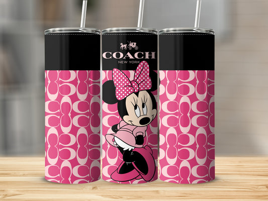 Three tumblers featuring Minnie Mouse and the Coach logo on a pink pattern.