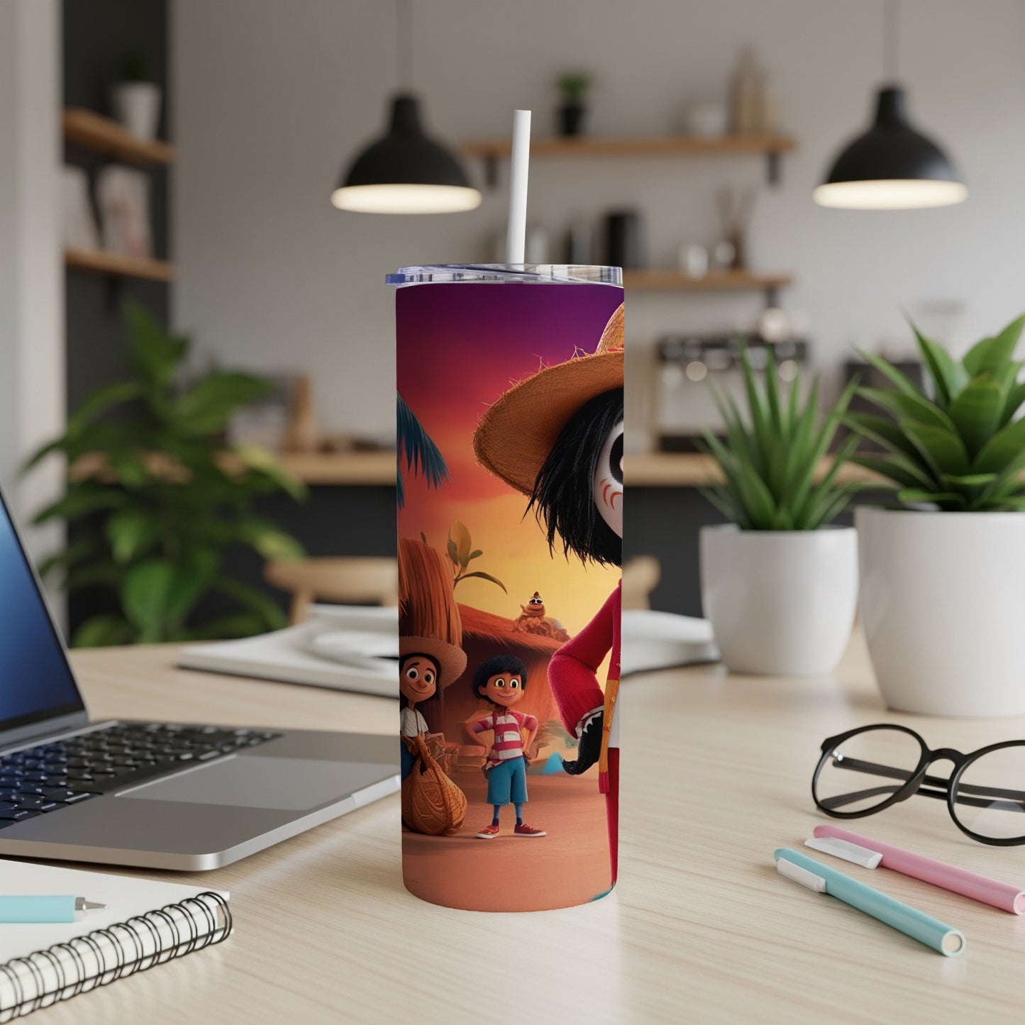 Miguel and Hector from Coco on a colorful tumbler with a straw.