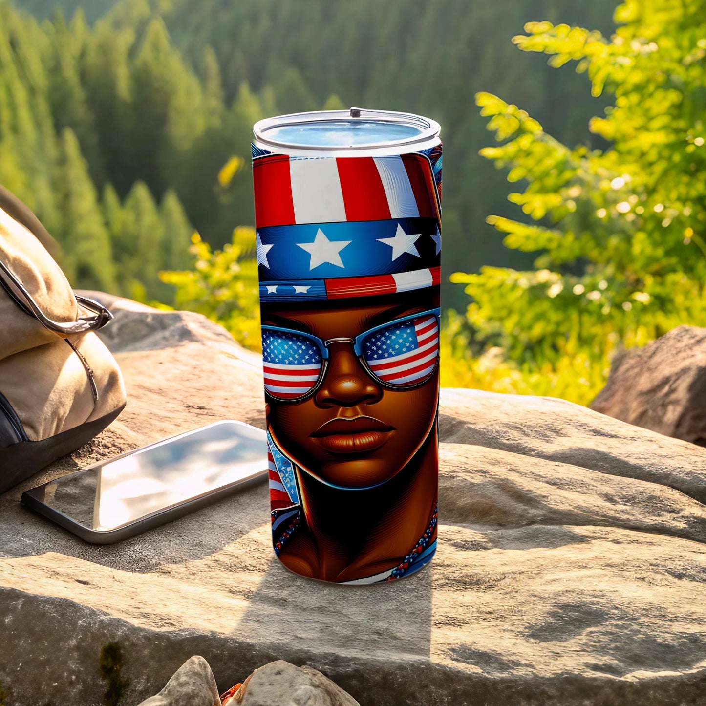 Patriotic tumbler with sunglasses-wearing face and American flag details.