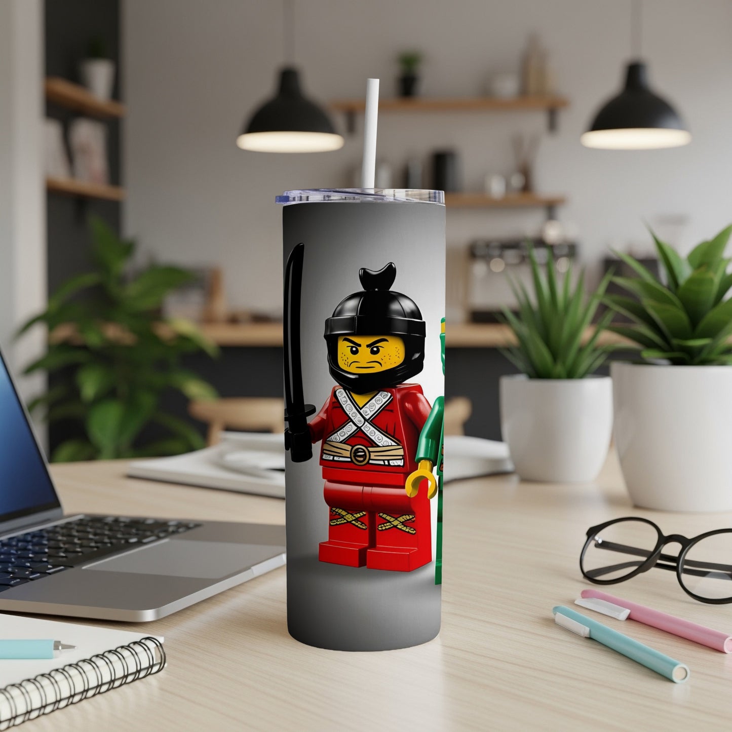 Two Lego minifigures, one in red with a black helmet, the other in green.