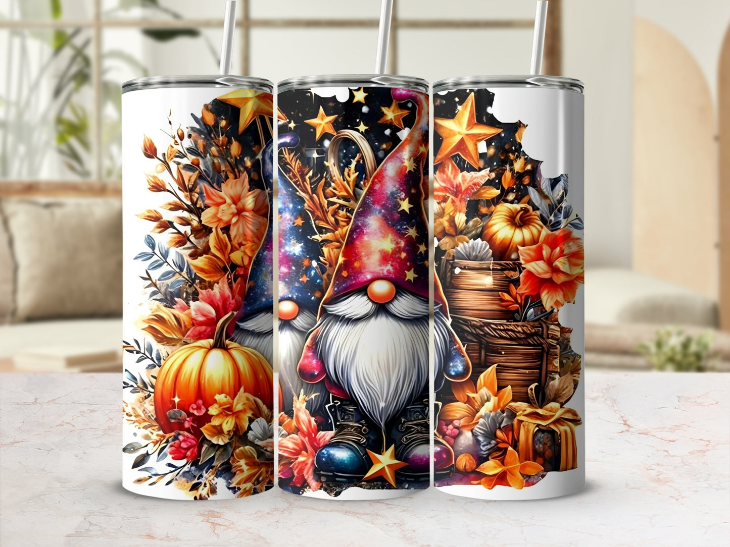 Vibrant Autumn Gnome and Pumpkin Themed Tumbler