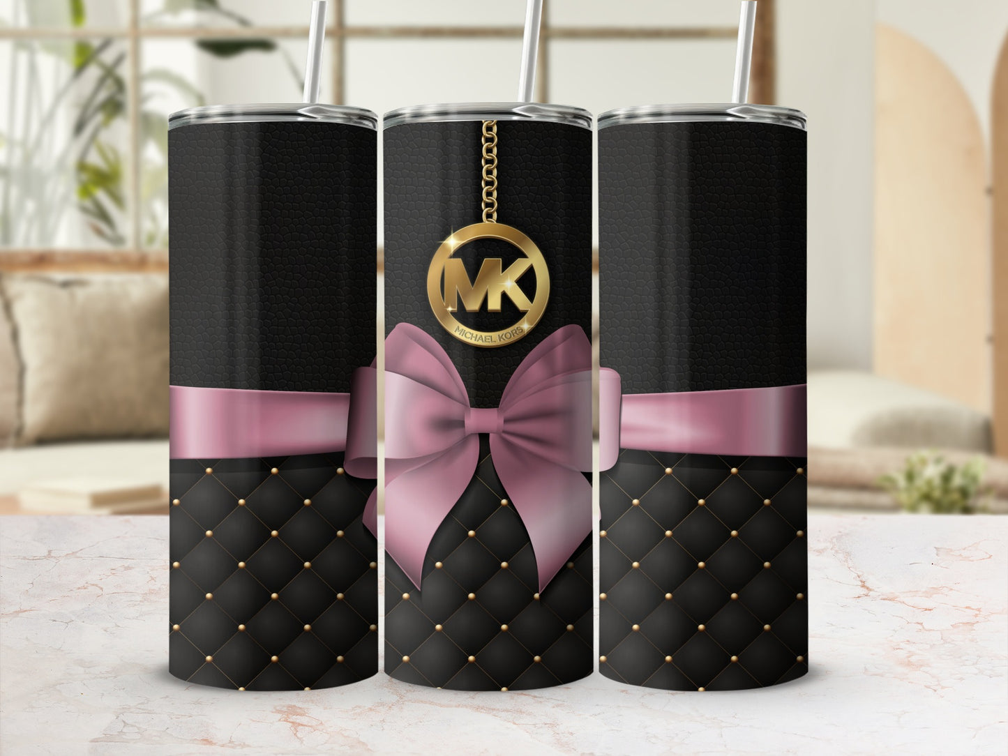 Elegant Black Gold Pattern Tumbler with Pink Ribbon