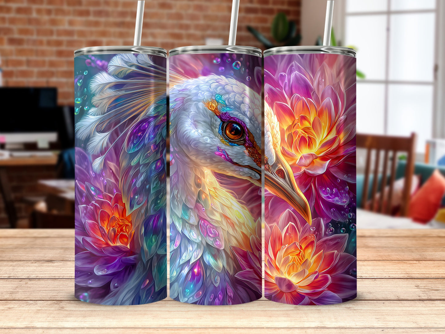 Colorful Bird and Floral Pattern Tumbler Design