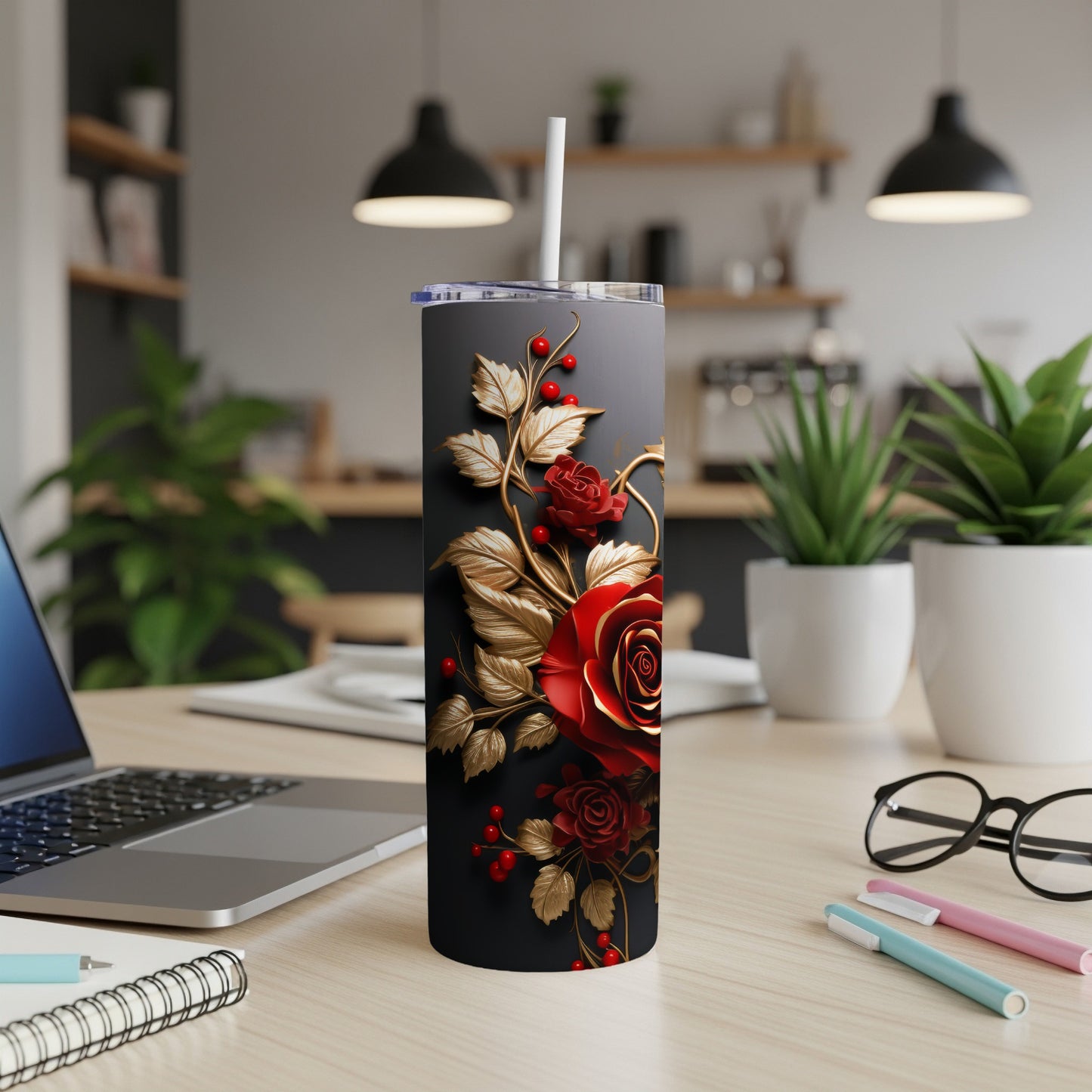 Black tumbler with red roses and gold leaves design, white straw.