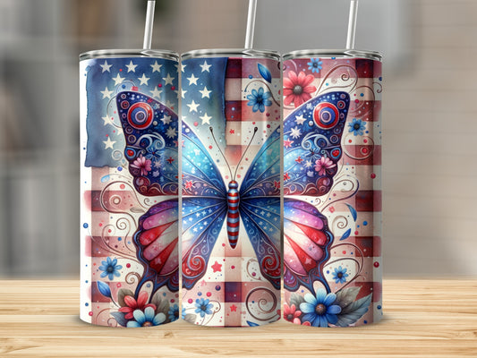 Patriotic butterfly and floral design on a skinny tumbler.