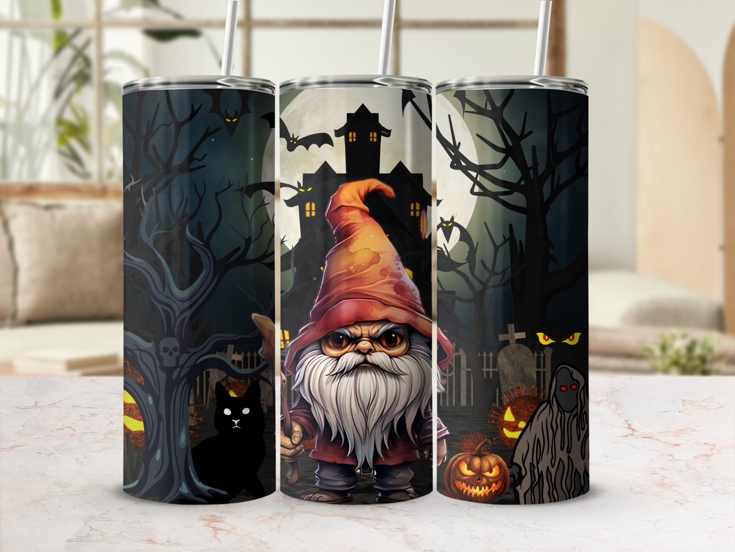 Halloween Gnome and Spooky Scene Tumbler Flask