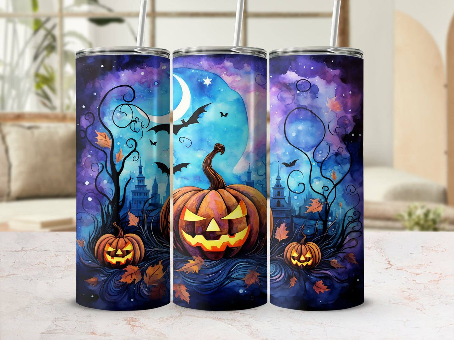 Halloween Pumpkin and Night Sky Design Tumbler