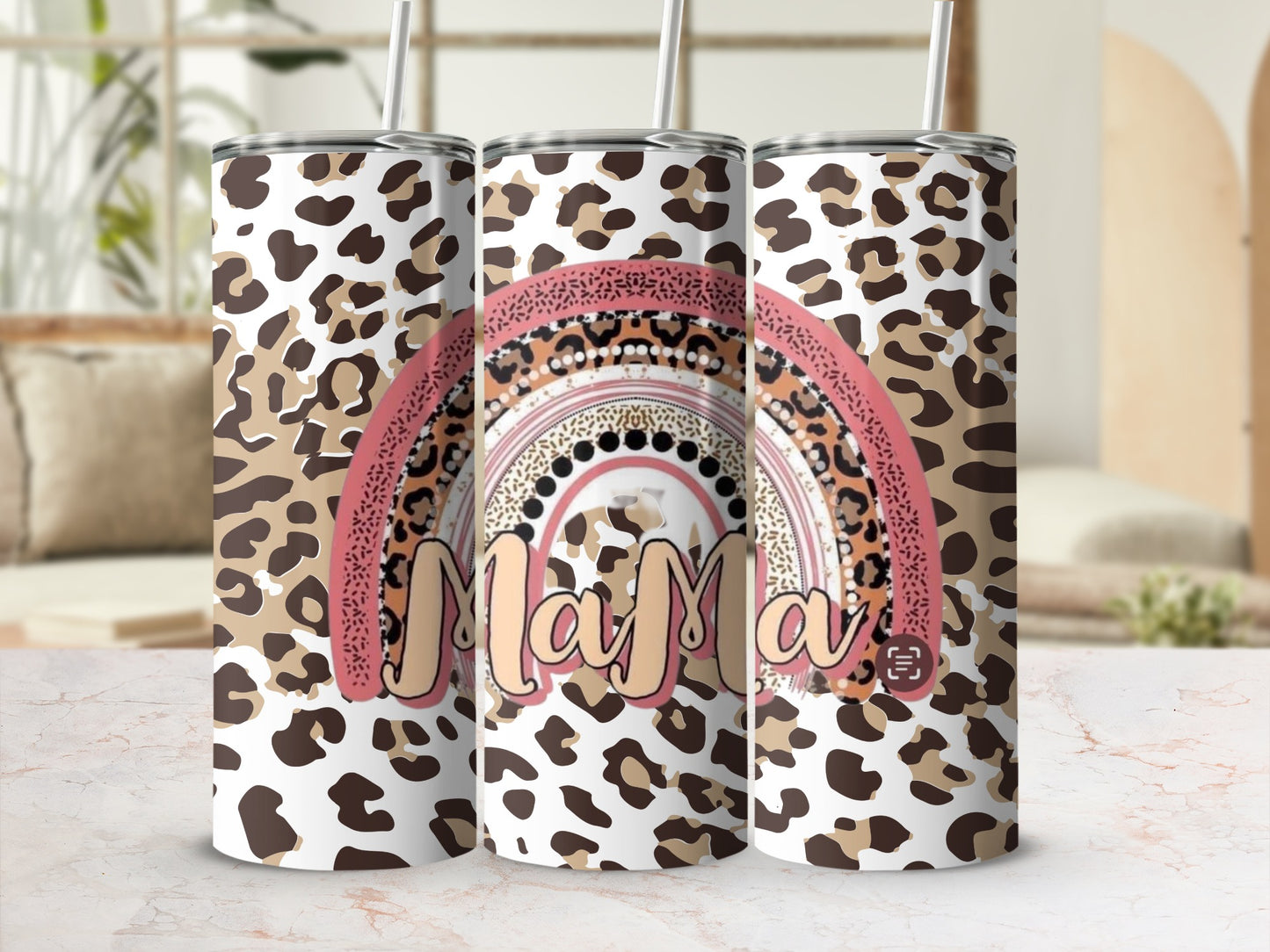 Mama Leopard Print Tall Tumbler with Straw