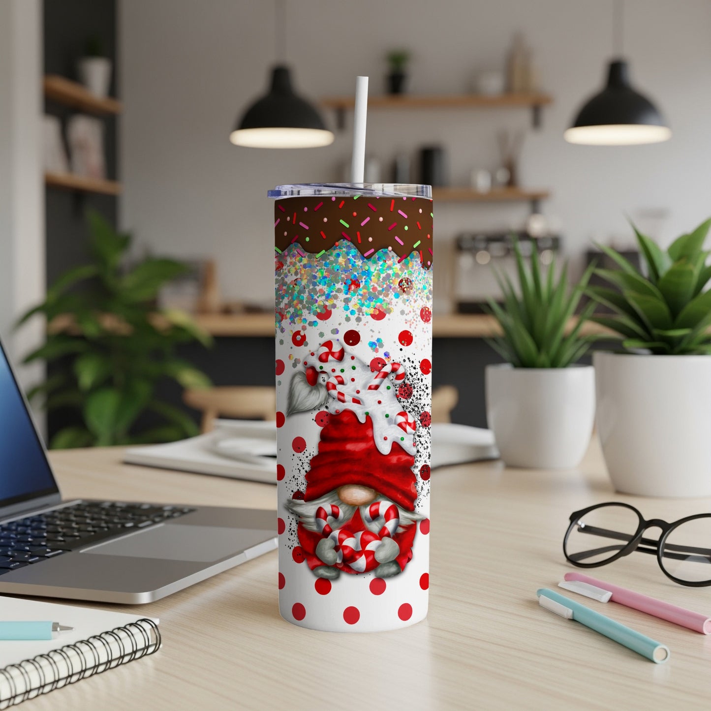 Christmas gnome tumbler with red and white polka dots and candy canes.