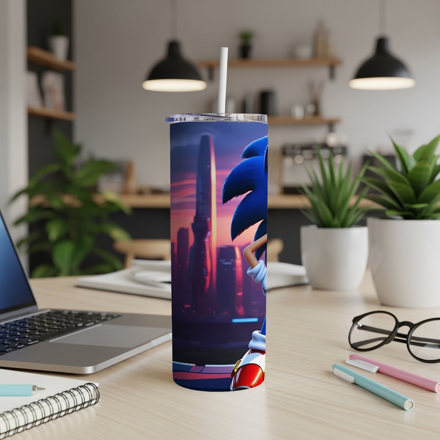 Sonic the Hedgehog character on a blue and purple abstract background, on a tumbler.