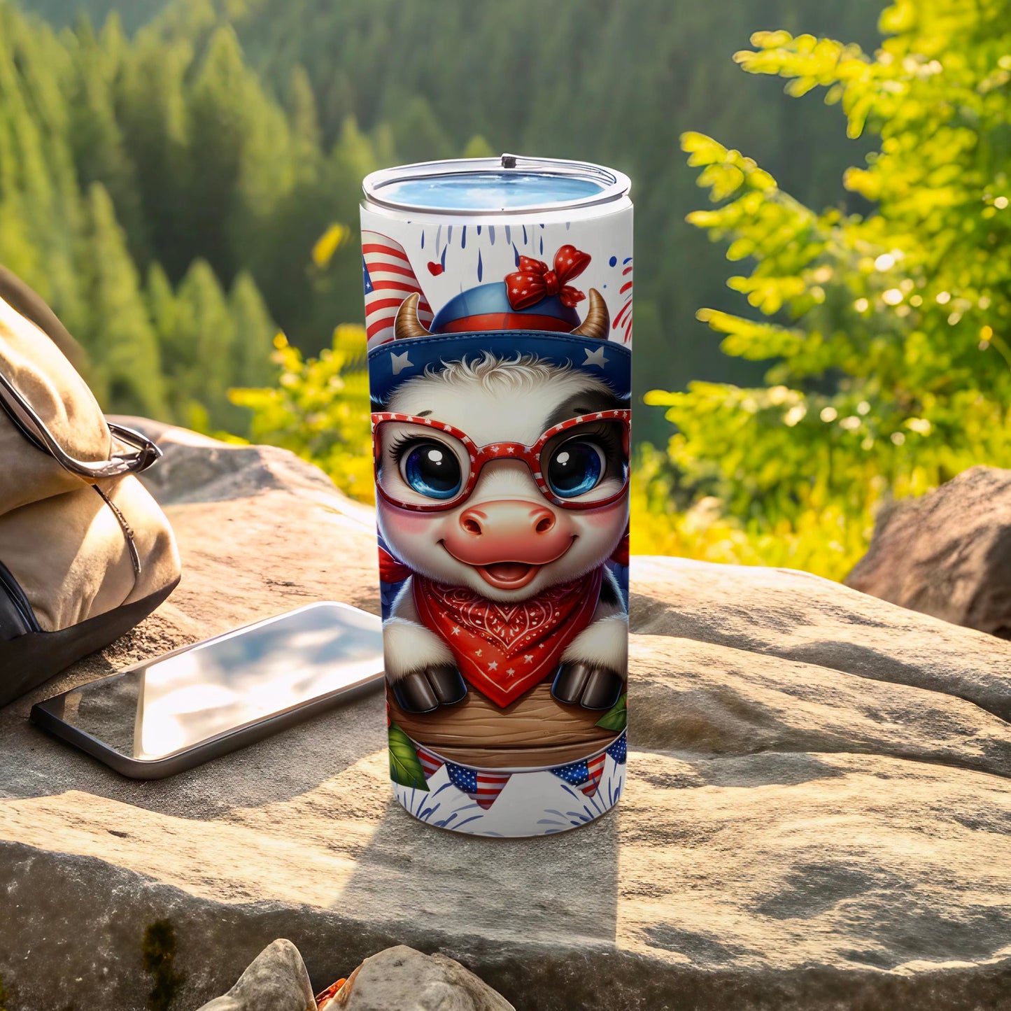 Cute cartoon cow in patriotic outfit on a tumbler.