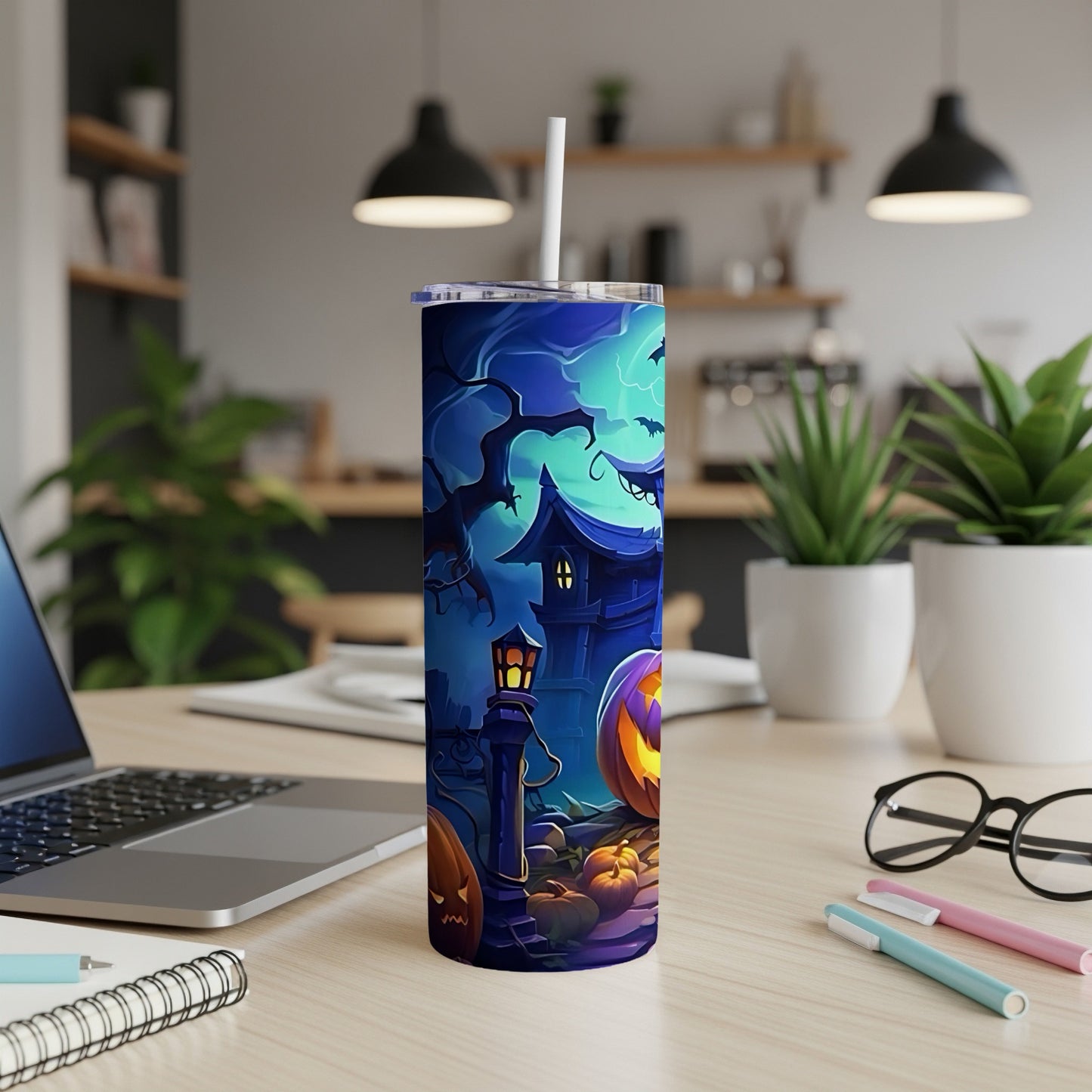 Tumbler with Halloween spooky house, pumpkins, bats, and lightning design.