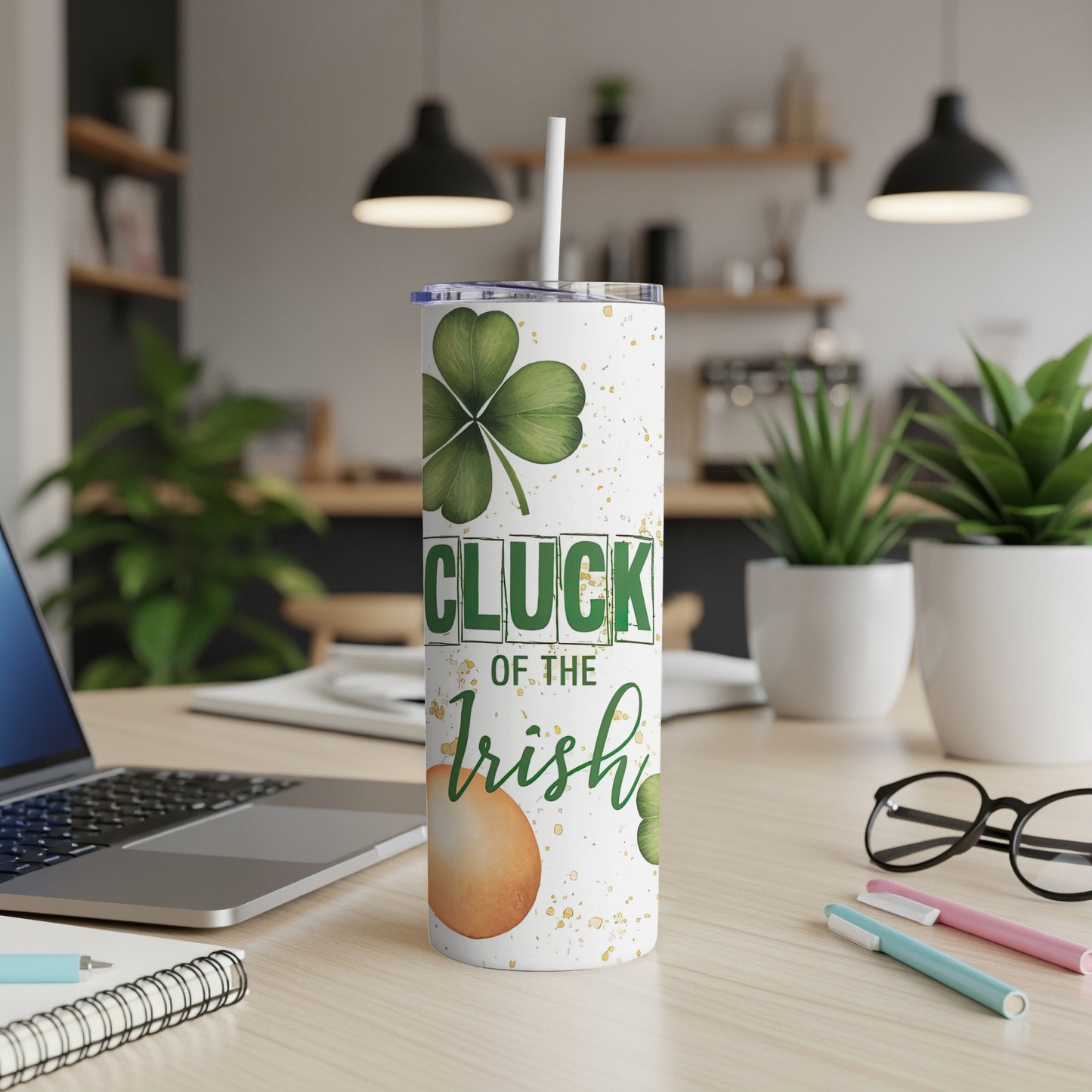 White tumbler with shamrock and "Cluck of the Irish" text.