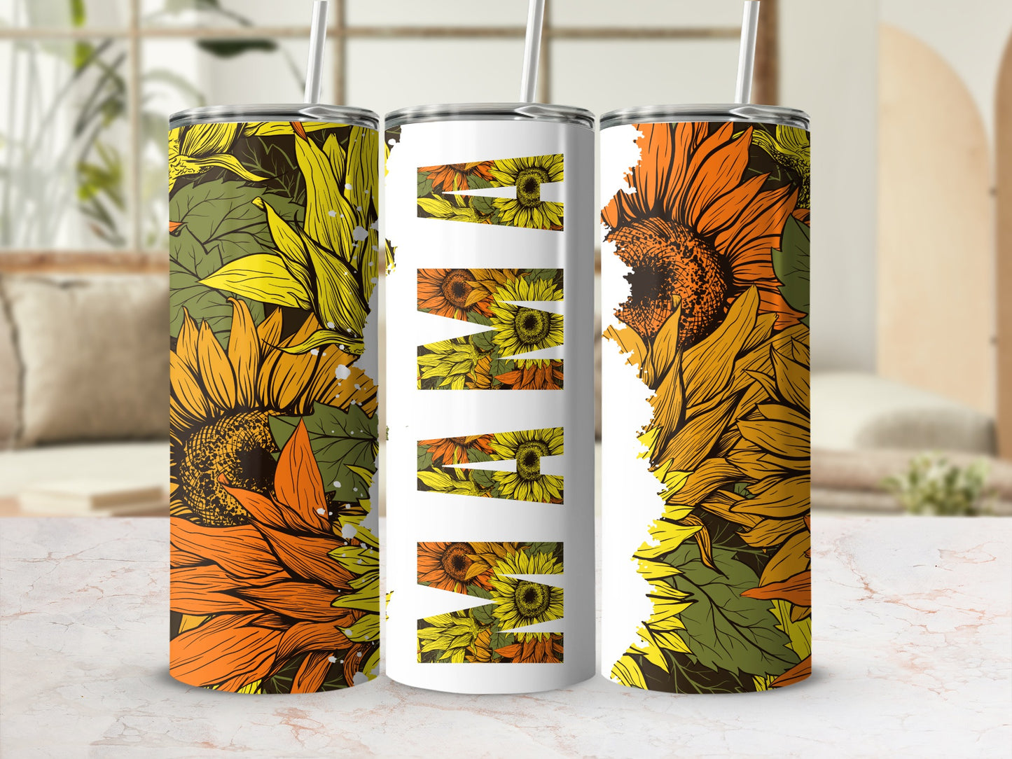 Vibrant Sunflower Print Tumbler With Straw Stainless