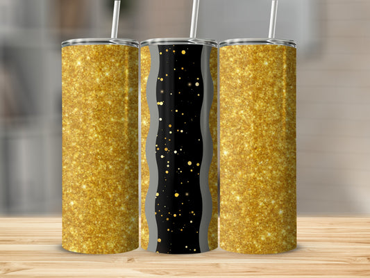 Three glitter tumblers with straws on a wooden surface.