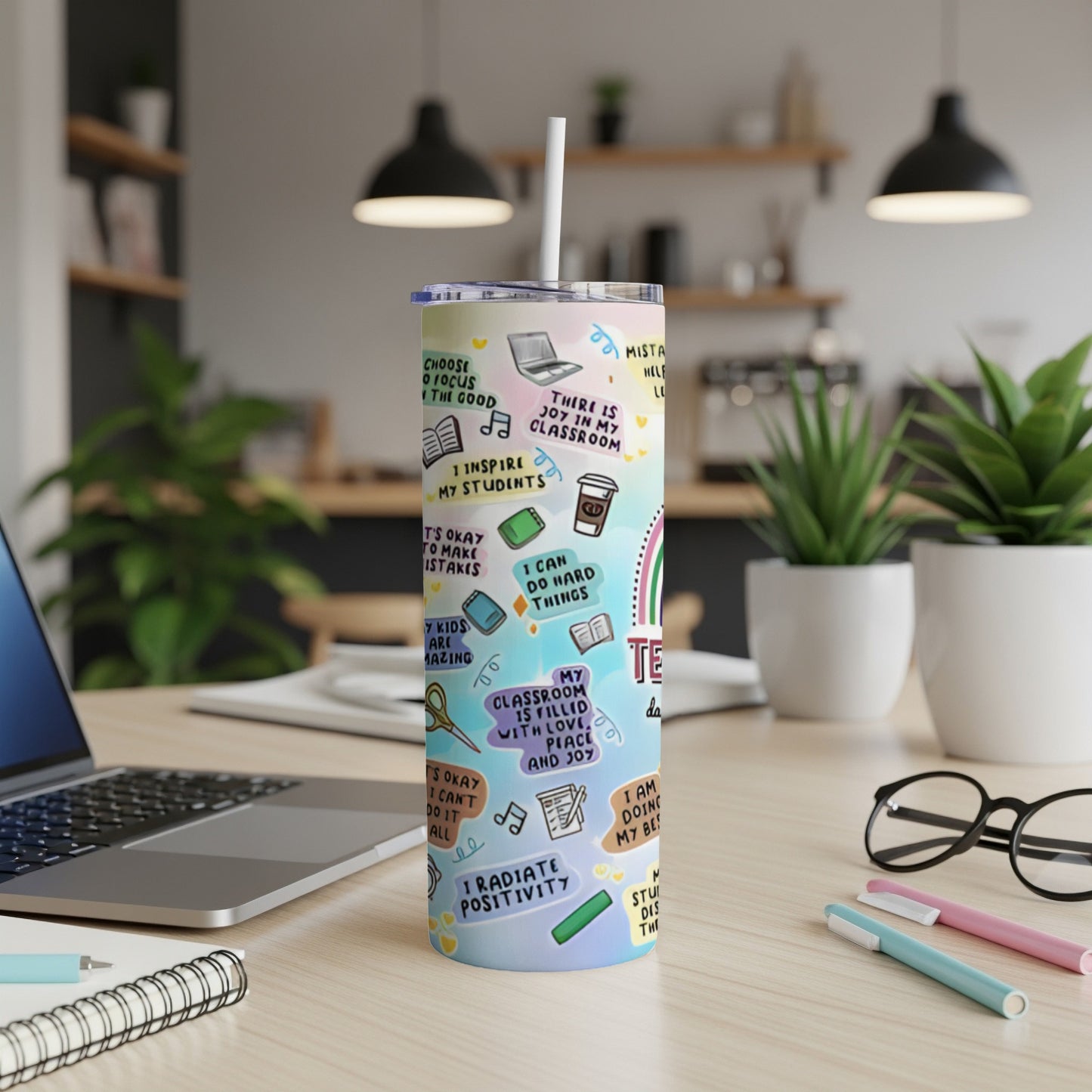 Colorful tumbler with motivational quotes for teachers and students.