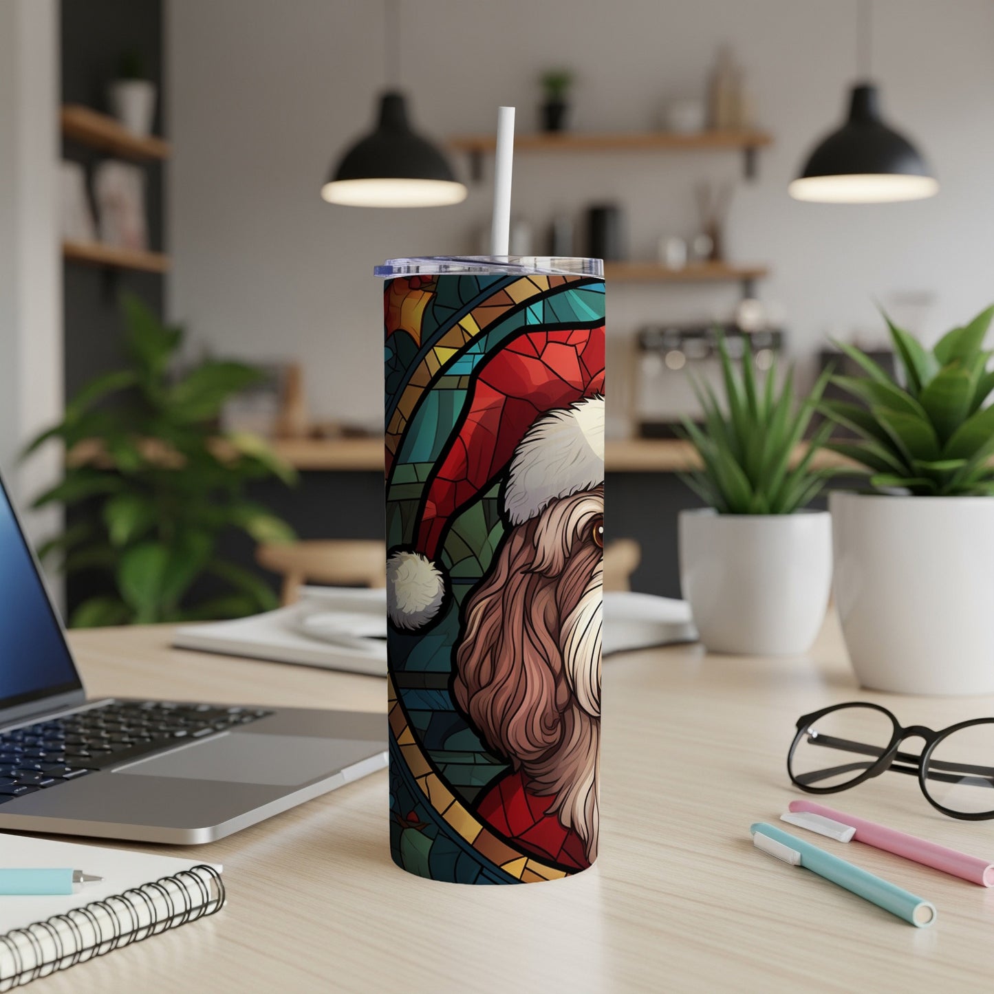 Tall tumbler with stained glass dog and Santa hat design.
