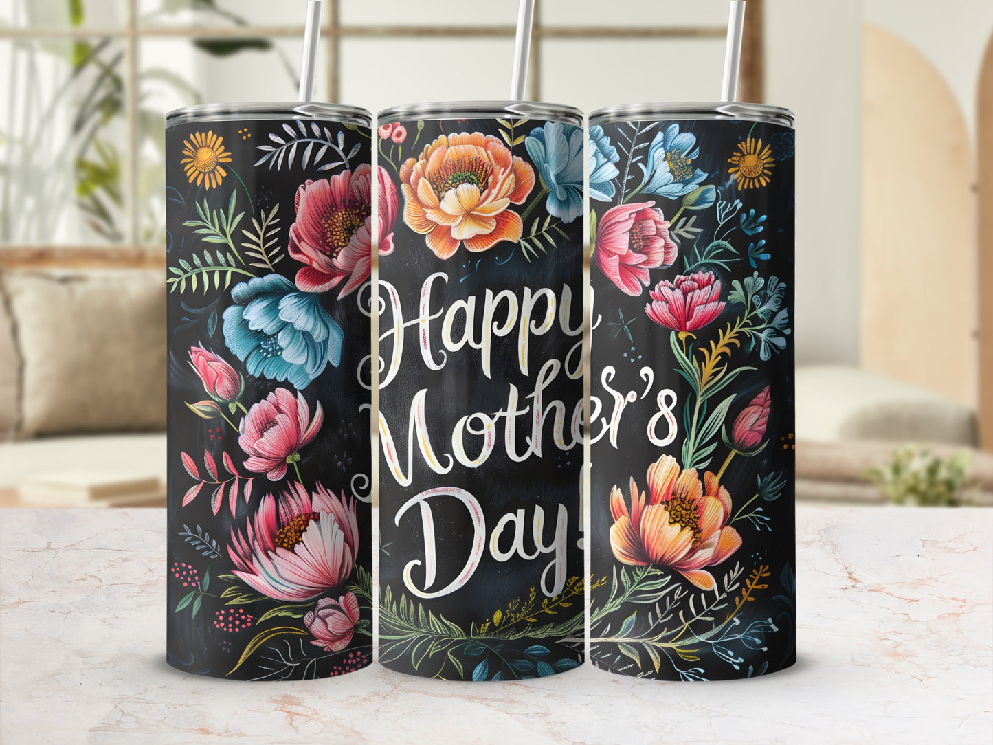 Happy Mother's Day Floral Tumbler with Straw