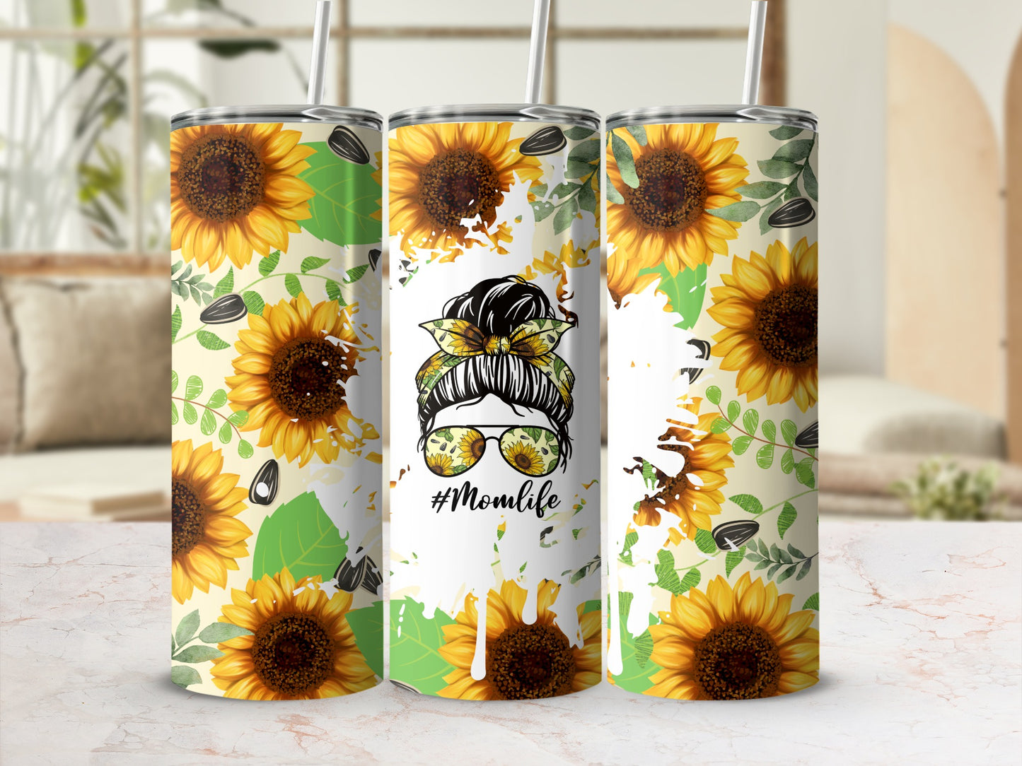 Sunflower and #Momlife Design Custom Tumbler Cup