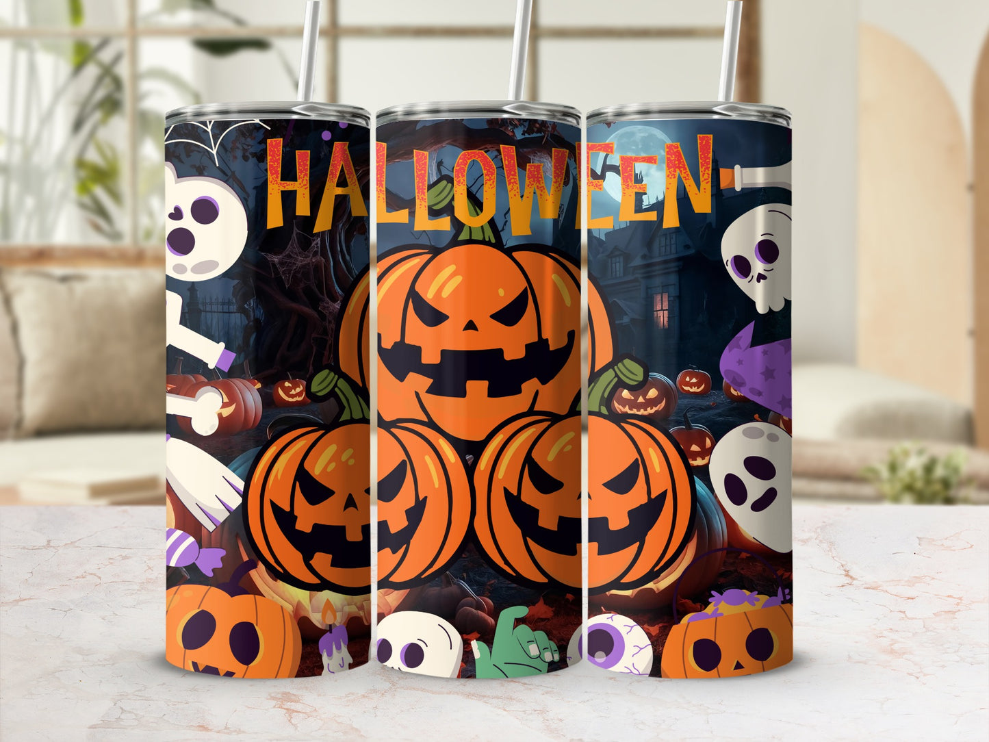 Halloween Pumpkin and Skeleton Tumbler for Spooky Fun