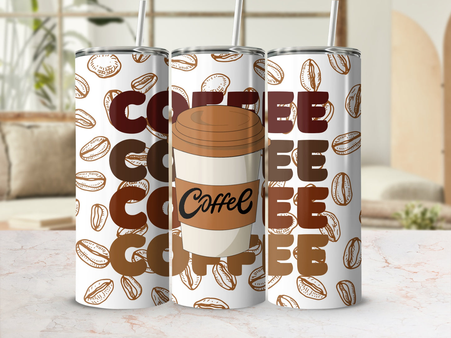 Coffee Themed Reusable Tumbler Cups with Straw