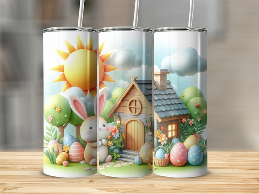 Easter scene with bunnies, painted eggs, and a whimsical house.