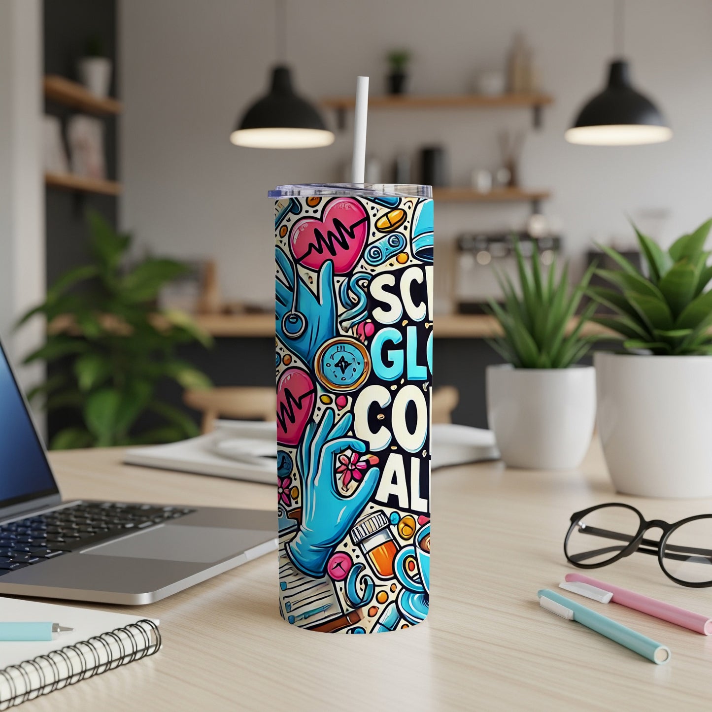 Medical-themed tumbler with stethoscope, heart, pills, and colorful illustrations.