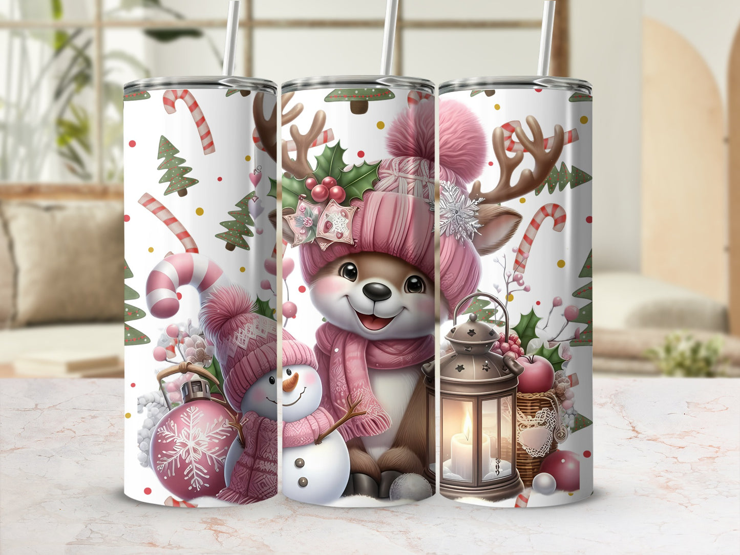 Festive Holiday Tumbler with Deer and Snowman Design