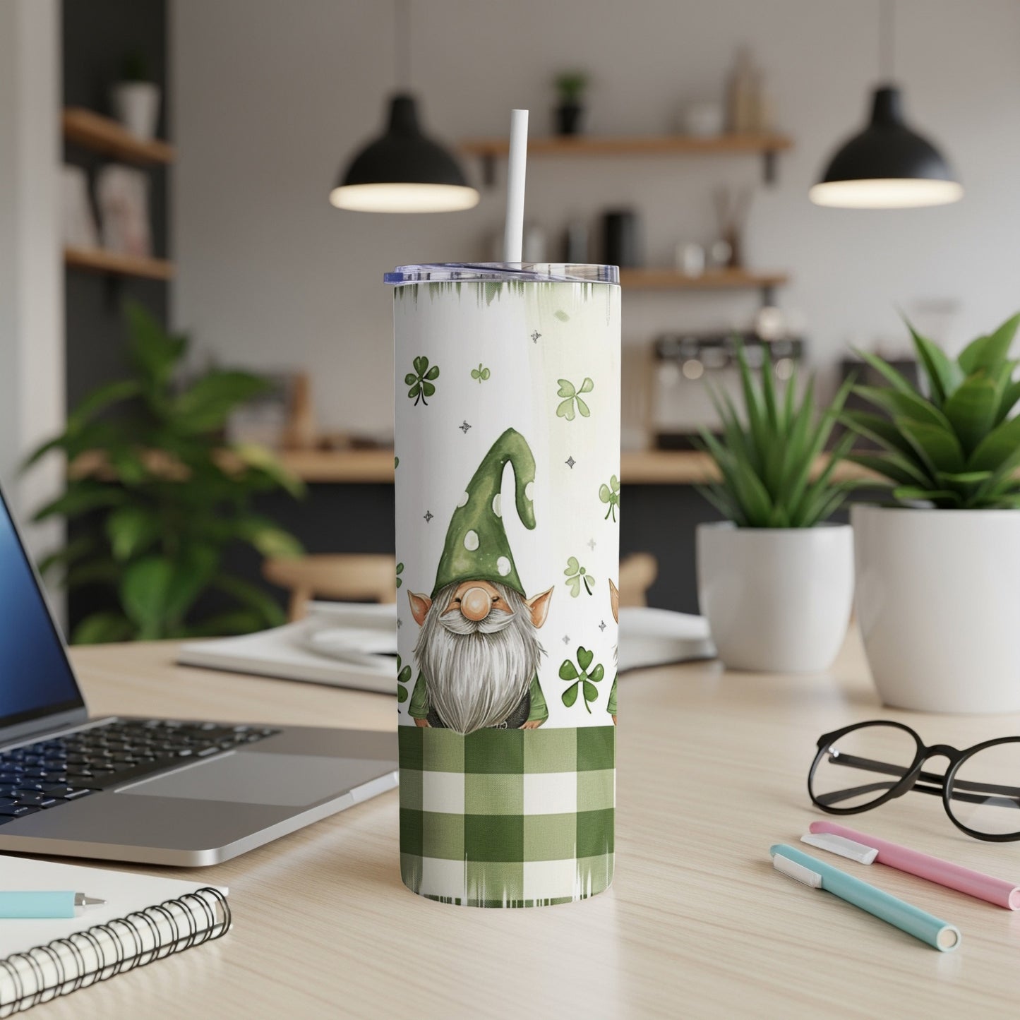 Green and white gnome tumbler with shamrocks and checkered pattern.