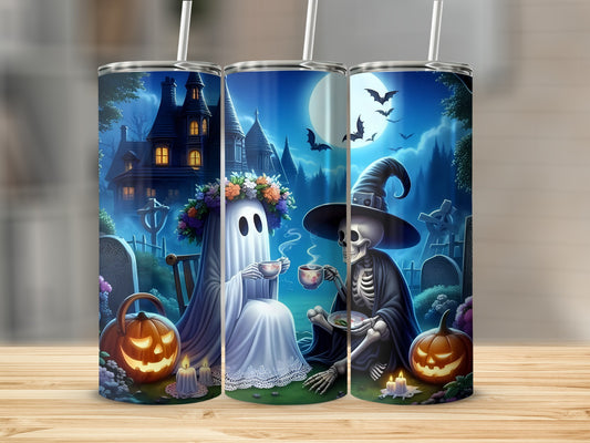 Halloween tumblers with ghost and skeleton characters drinking tea by jack-o'-lanterns.