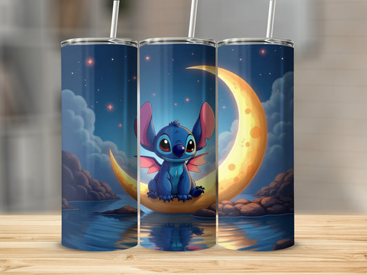Cute Blue Alien Sitting on Crescent Moon Tumbler