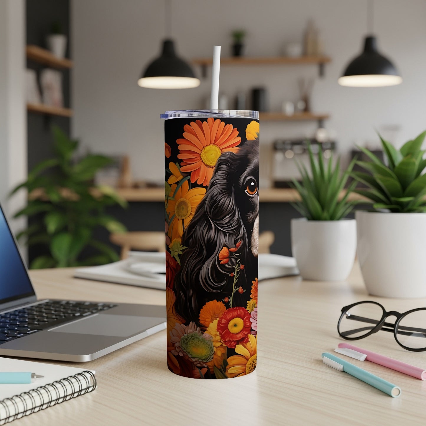 Black dog portrait on floral tumbler with lid and straw.