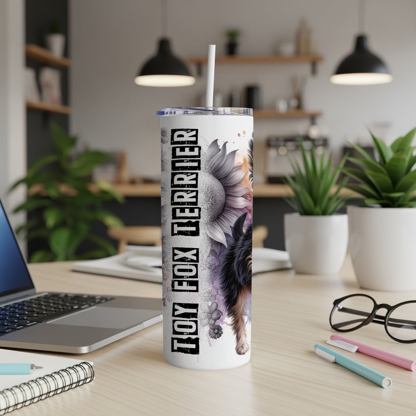 Tumbler with "TOY FOX TERRIER" text and sunflower beside a dog portrait.