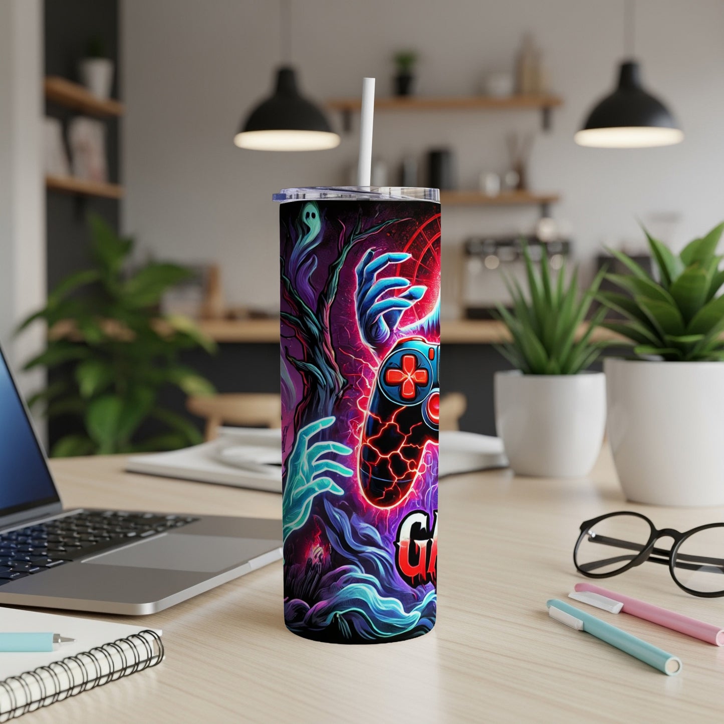 Tall tumbler with colorful gaming controller and ghost graphics.