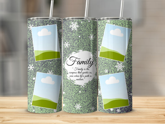 Green glitter tumbler with snowflakes, photo placeholders, and "Family" quote.