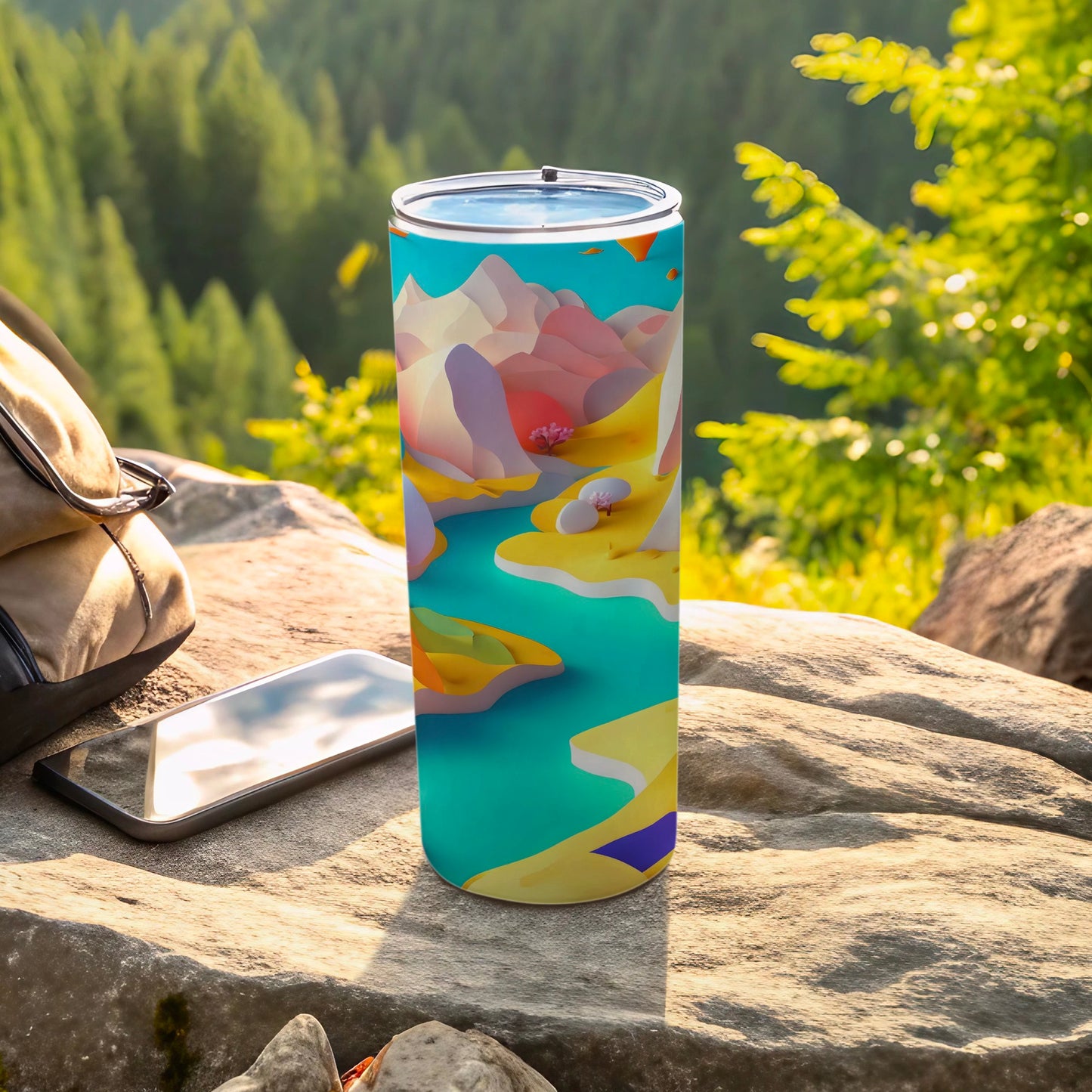 Abstract landscape tumbler with phone and backpack on rock.